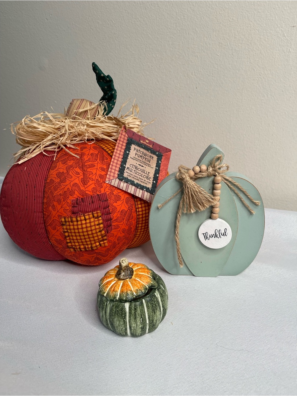 Decorative Mint Wooden Pumpkin with Jute Bead Accent - Thankful